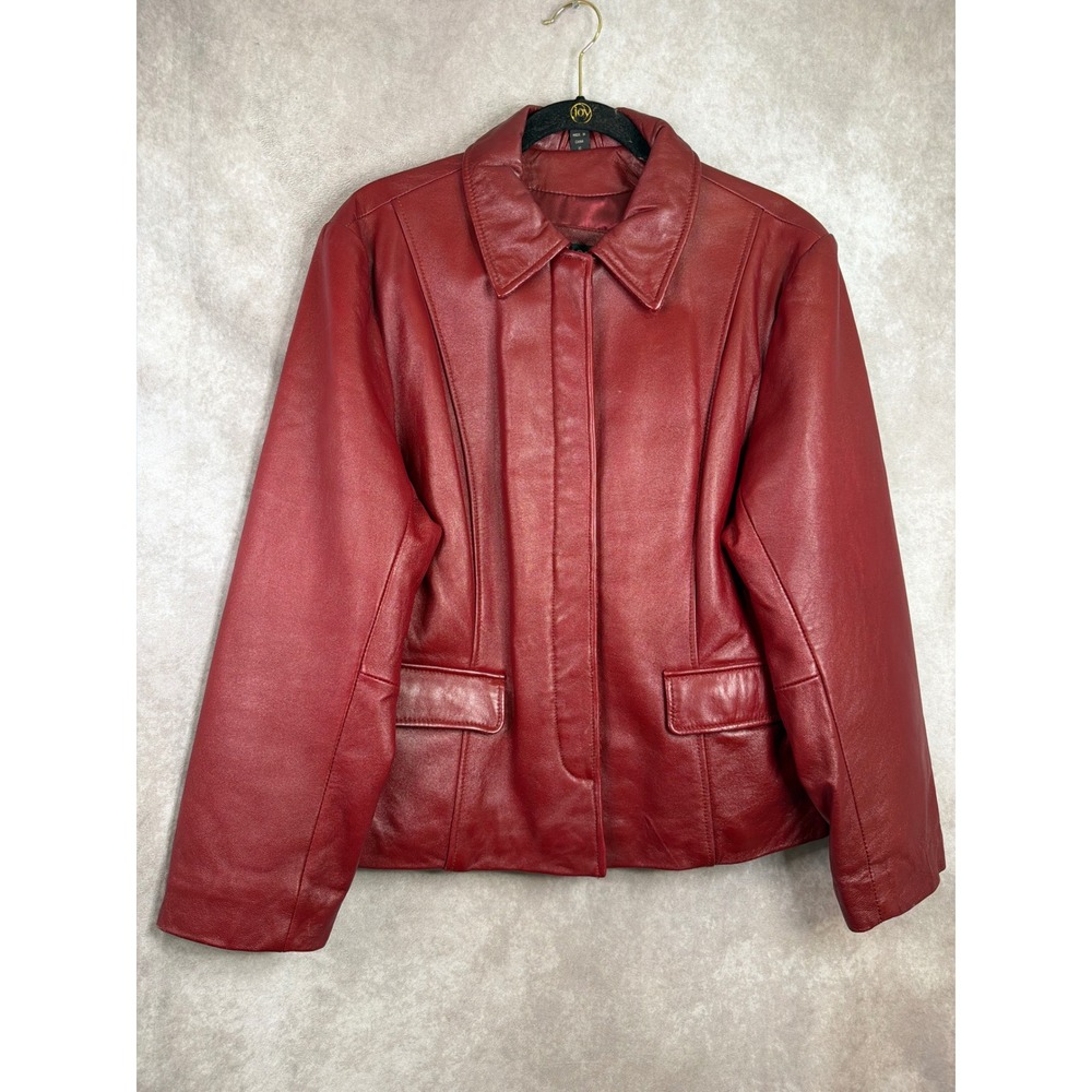 VTG Amalfi Leather Jacket Women XL Burgundy Red Hidden Button Front Flap Pockets